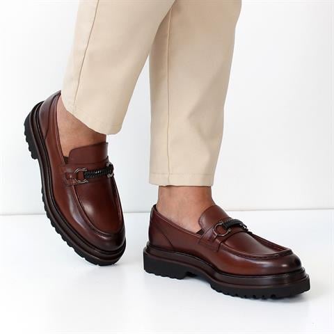 Erkek Kahverengi Kalın Tabanlı Deri Loafer