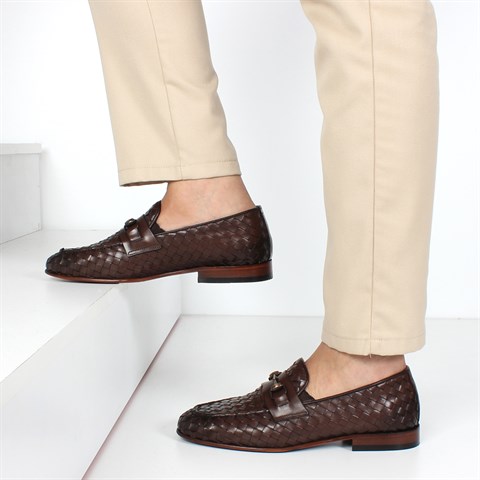 Erkek Kahverengi Kösele Taban Örgü Deri Loafer
