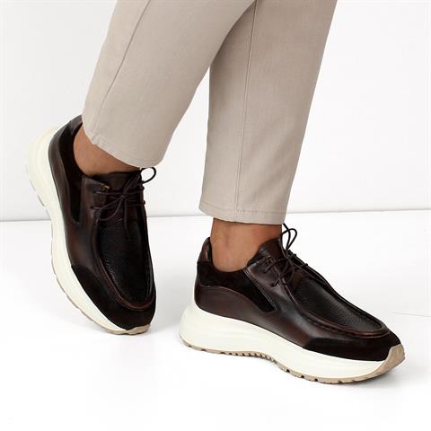 Erkek Kahverengi Bağcıklı Kalın Tabanlı Deri Sneaker
