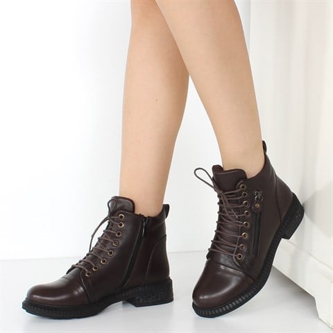 Kadın Kahverengi Fermuarlı Kalın Tabanlı Deri Bot