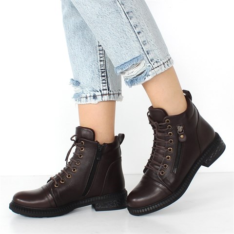 Kadın Kahverengi Fermuarlı Kalın Tabanlı Deri Bot