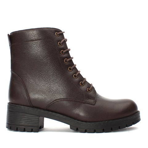 Kadın Kahverengi Fermuarlı Kalın Topuklu Deri Bot