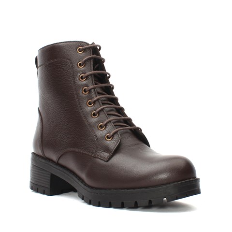 Kadın Kahverengi Fermuarlı Kalın Topuklu Deri Bot