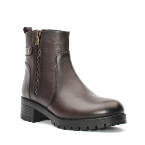 Kadın Kahverengi Çift Fermuarlı Kalın Tabanlı Deri Bot