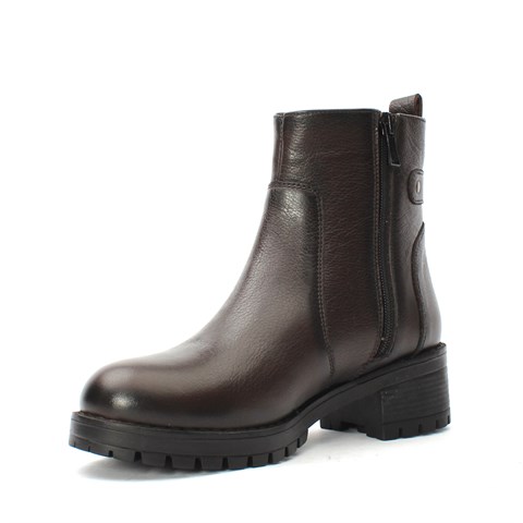 Kadın Kahverengi Çift Fermuarlı Kalın Tabanlı Deri Bot