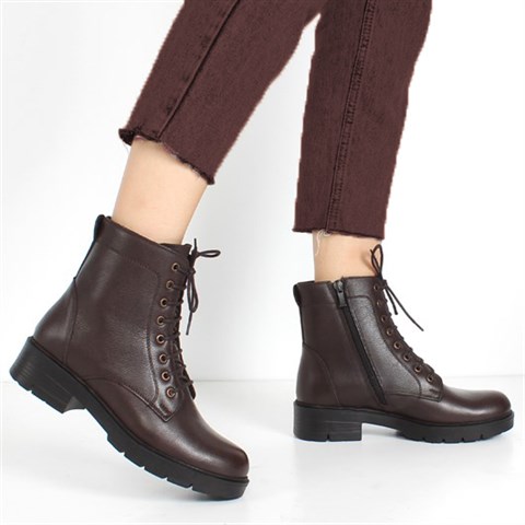 Kadın Kahverengi Fermuarlı Kalın Tabanlı Deri Bot