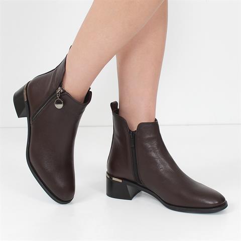 Kadın Kahverengi Çift Fermuarlı Kalın Topuklu Deri Bot