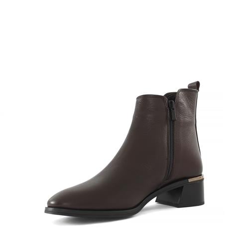 Kadın Kahverengi Çift Fermuarlı Kalın Topuklu Deri Bot