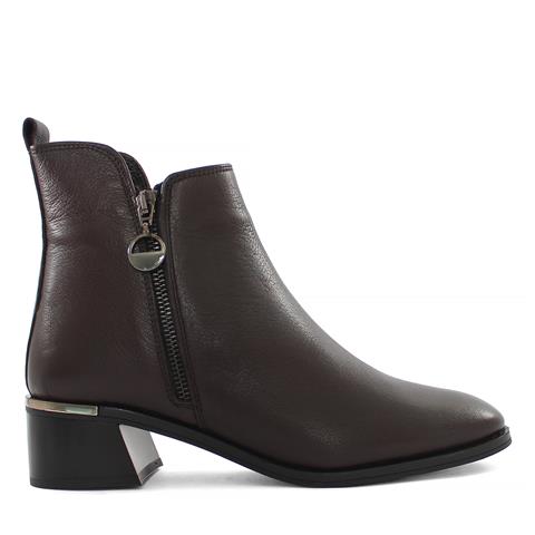 Kadın Kahverengi Çift Fermuarlı Kalın Topuklu Deri Bot