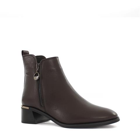 Kadın Kahverengi Çift Fermuarlı Kalın Topuklu Deri Bot