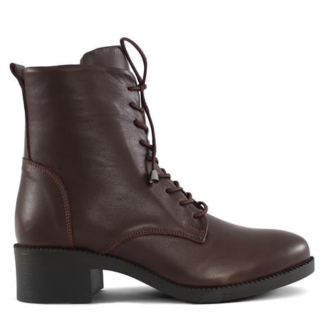 Kadın Kahverengi Fermuarlı Kalın Topuklu Deri Bot