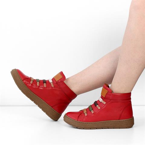 Kadın Kırmızı Kalın Tabanlı Rahat Deri Bot