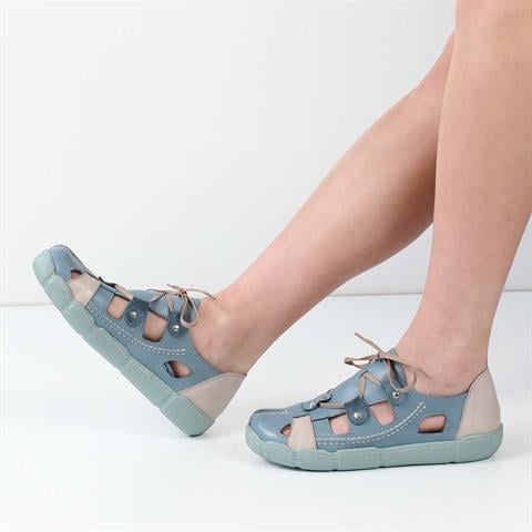 Kadın Mavi Bağcıklı Deri Ayakkabı