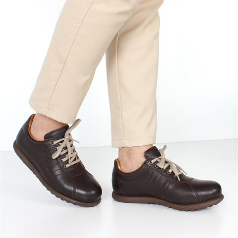 Erkek Koyu Kahverengi Bağcıklı Deri Sneaker