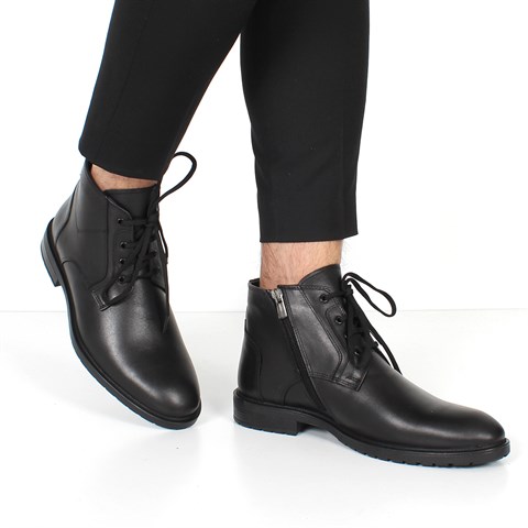 Erkek Siyah Bağcıklı Fermuarlı Deri Bot