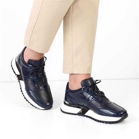 Erkek Lacivert Bağcıklı Açma Deri Sneaker