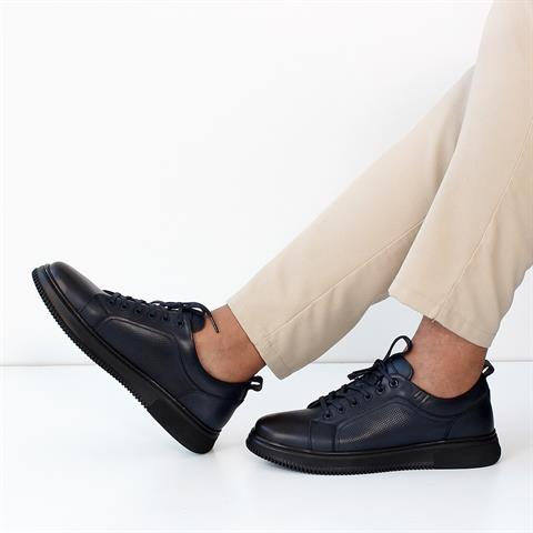 Erkek Lacivert Bağcıklı Baskılı Deri Sneaker