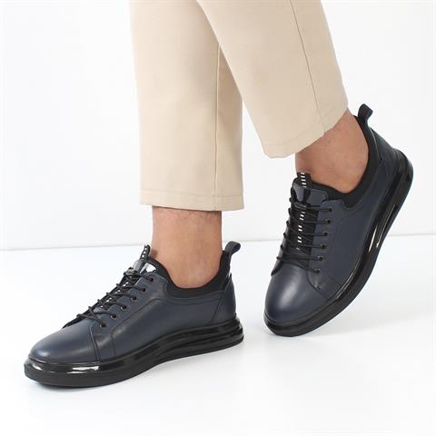 Erkek Lacivert Bağcıklı Kalın Tabanlı Deri Sneaker