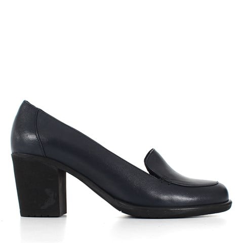 Kadın Lacivert Kalın Topuklu Deri Klasik Ayakkabı