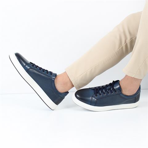 Erkek Lacivert Bağcıklı Kalın Tabanlı Deri Sneaker