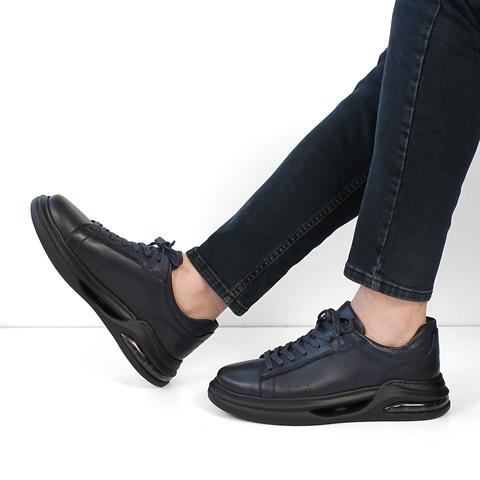 Erkek Lacivert Bağcıklı Kalın Tabanlı Deri Sneaker