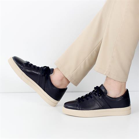 Erkek Lacivert Bağcıklı Kalın Tabanlı Deri Sneaker