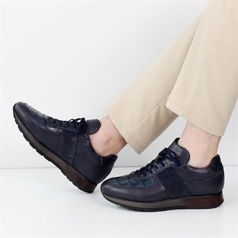 Erkek Lacivert Bağcıklı Deri Sneaker
