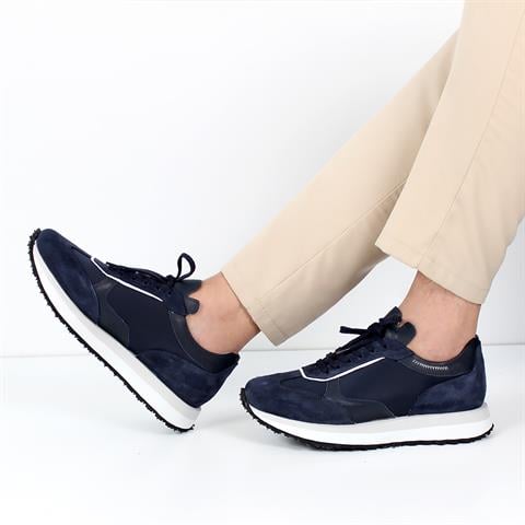 Erkek Lacivert Bağcıklı Kalın Tabanlı Süet Deri Sneaker