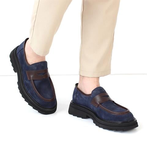 Erkek Lacivert Kalın Tabanlı Süet Deri Loafer