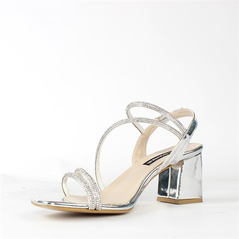 Kadın Lame Taşlı Arkası Açık Kalın Topuklu Abiye Ayakkabı