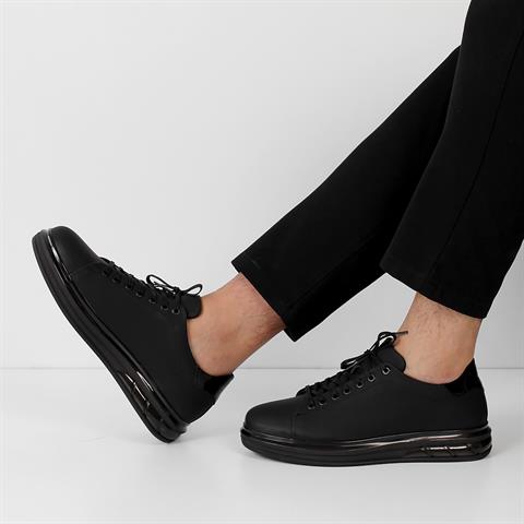 Erkek Siyah Bağcıklı Kalın Tabanlı Mat Deri Sneaker