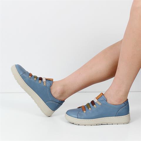 Kadın Mavi Bağcıklı Kalın Tabanlı Deri Ayakkabı
