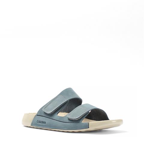 Kadın Mavi Çift Bantlı Önü Cırt Cırtlı Nubuk Deri Terlik