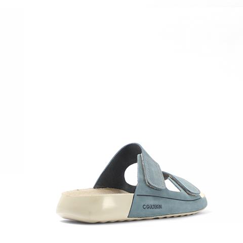 Kadın Mavi Çift Bantlı Önü Cırt Cırtlı Nubuk Deri Terlik