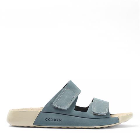 Kadın Mavi Çift Bantlı Önü Cırt Cırtlı Nubuk Deri Terlik