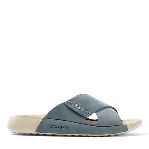 Kadın Mavi Zımba Detaylı Nubuk Deri Terlik