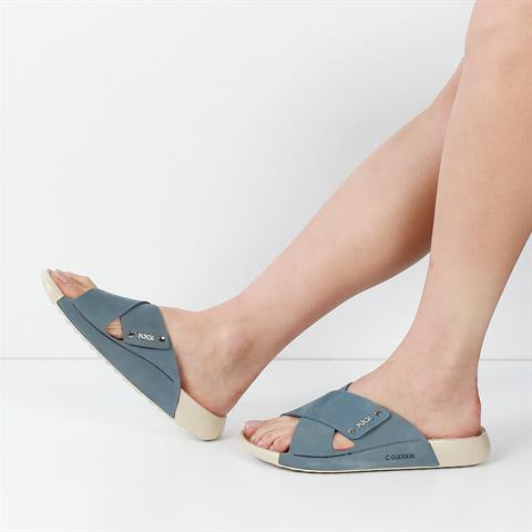 Kadın Mavi Zımba Detaylı Nubuk Deri Terlik