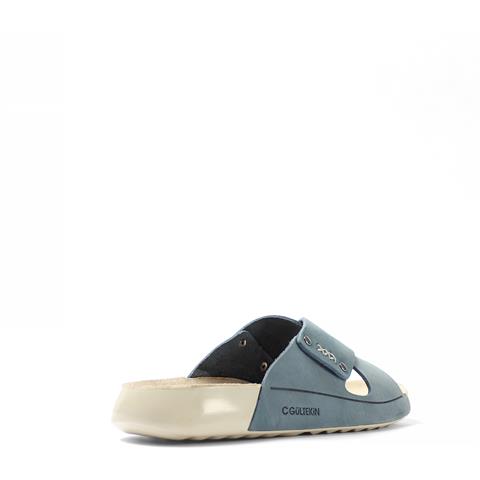 Kadın Mavi Zımba Detaylı Nubuk Deri Terlik