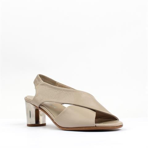 Kadın Pudra Arkası Lastikli Topuklu Deri Sandalet