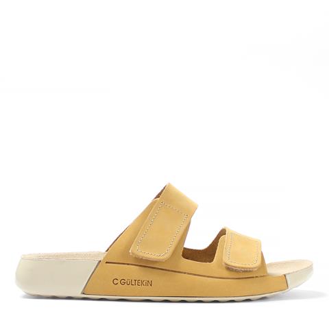 Kadın Sarı Çift Bantlı Önü Cırt Cırtlı Nubuk Deri Terlik