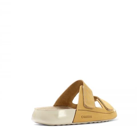 Kadın Sarı Çift Bantlı Önü Cırt Cırtlı Nubuk Deri Terlik