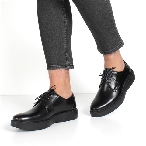 Erkek Siyah Bağcıklı Kalın Tabanlı Açma Deri Günlük Ayakkabı