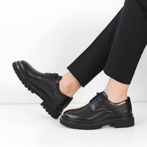 Erkek Siyah Bağcıklı Kalın Tabanlı Açma Deri Günlük Ayakkabı