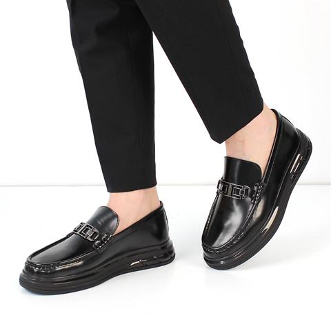 Erkek Siyah Kalın Tabanlı Açma Deri Loafer