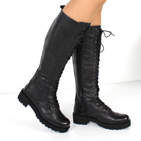Kadın Siyah Bağcıklı Fermuarlı Deri Çizme