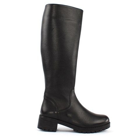 Kadın Siyah Fermuarlı Kalın Tabanlı Deri Çizme