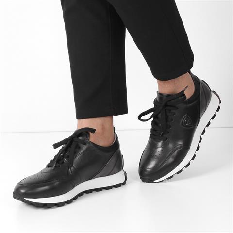Erkek Siyah Bağcıklı Deri Sneaker
