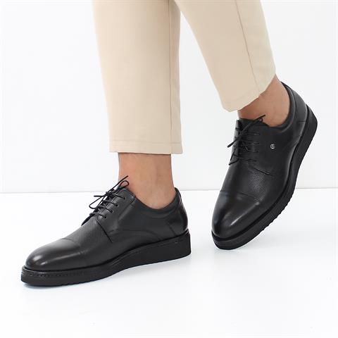 Erkek Siyah Bağcıklı Kalın Tabanlı Deri Günlük Ayakkabı