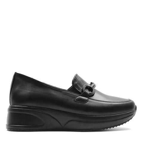 Kadın Siyah Tokalı Dolgu Topuklu Deri Loafer