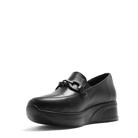 Kadın Siyah Tokalı Dolgu Topuklu Deri Loafer